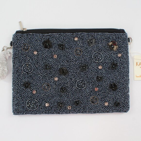 KAYLEE Black Flower Beaded Evening Zip Tp Clutch Crossbody Bag NWT Made in India - Picture 1 of 4